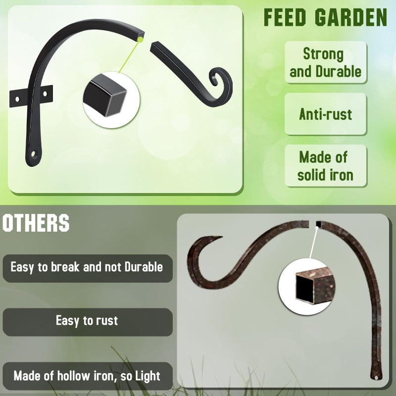 FEED GARDEN 2 Pack 12 Inch Hanging Plant Bracket Wall Hooks Decorative Plant Hangers for Outdoor Hanging Bird Feeders, Wind Chimes, Plant Baskets, Black - Image 5